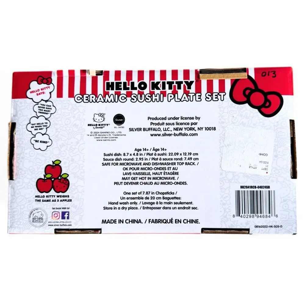 HELLO KITTY Sanrio Red and White Ceramic Sushi Plate Bowl Chopsticks Set NEW